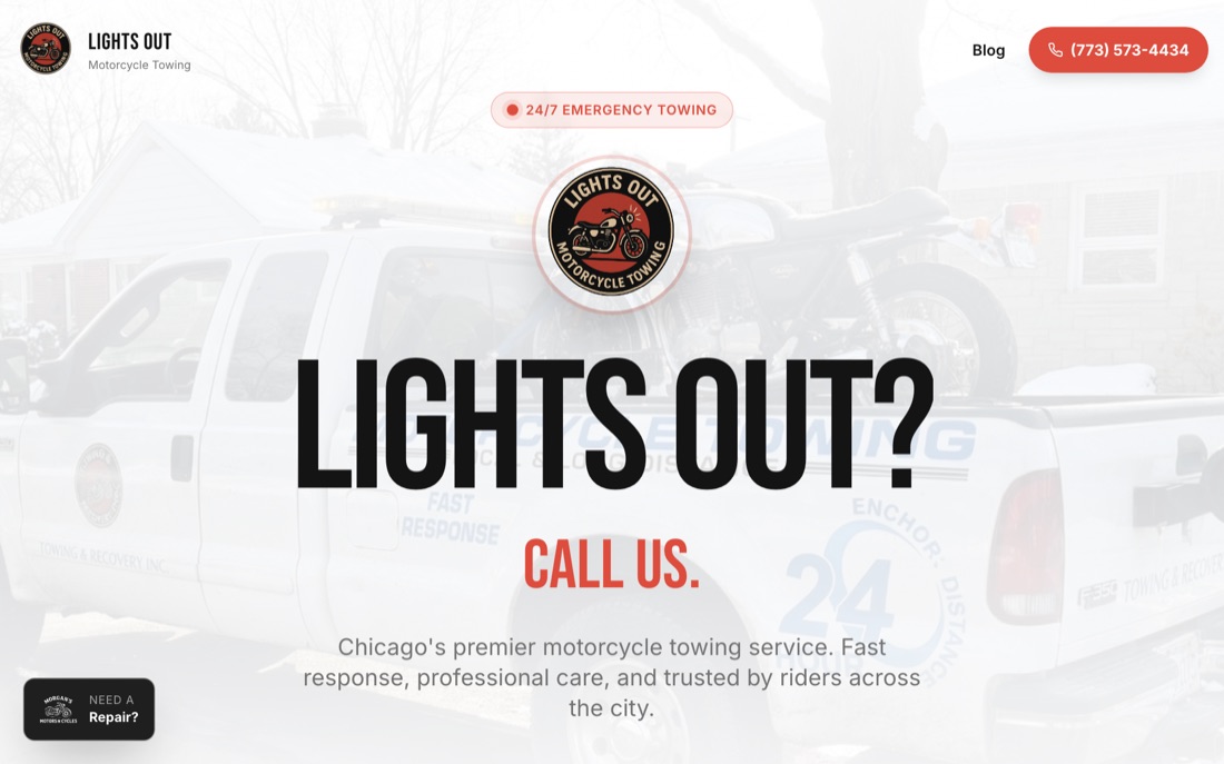 Lights Out Motorcycle Towing website